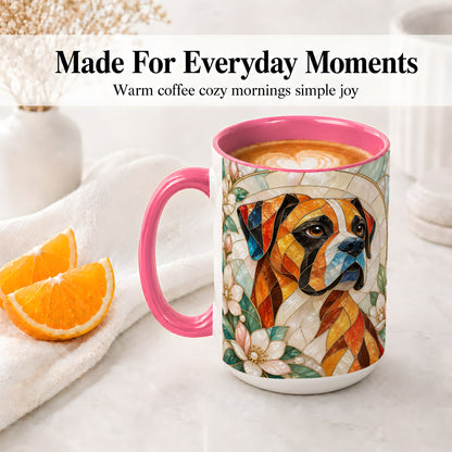 #pl[15oz|Pink] Boxer Dog Ceramic Mug, Stained Glass Style Floral Dog Artwork