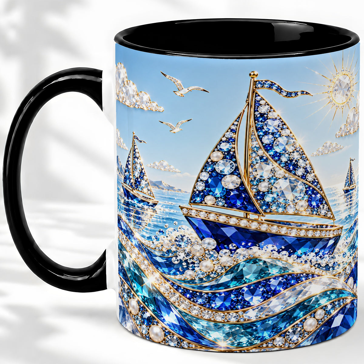 #pl[11oz|Black] Blue Sailboat Ceramic Mug, Jeweled Ocean Sailing Artwork
