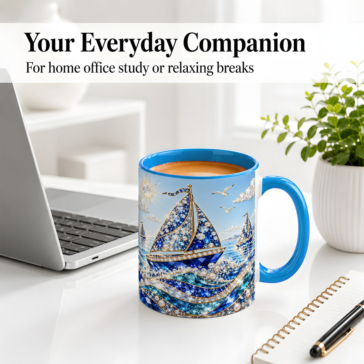#pl[11oz|Blue] Blue Sailboat Ceramic Mug, Jeweled Ocean Sailing Artwork