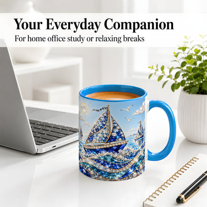 #pl[11oz|Blue] Blue Sailboat Ceramic Mug, Jeweled Ocean Sailing Artwork