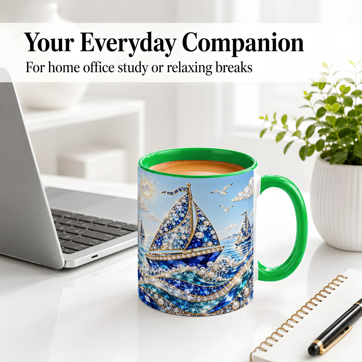 #pl[11oz|Green] Blue Sailboat Ceramic Mug, Jeweled Ocean Sailing Artwork