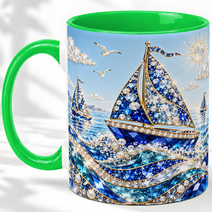 #pl[11oz|Green] Blue Sailboat Ceramic Mug, Jeweled Ocean Sailing Artwork