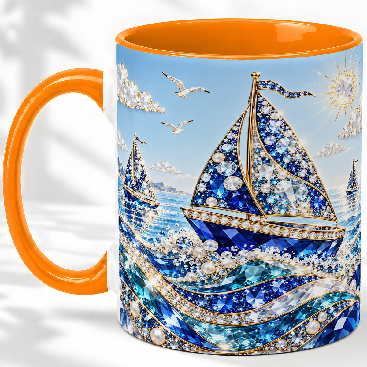 #pl[11oz|Orange] Blue Sailboat Ceramic Mug, Jeweled Ocean Sailing Artwork