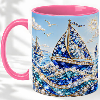 #pl[11oz|Pink] Blue Sailboat Ceramic Mug, Jeweled Ocean Sailing Artwork