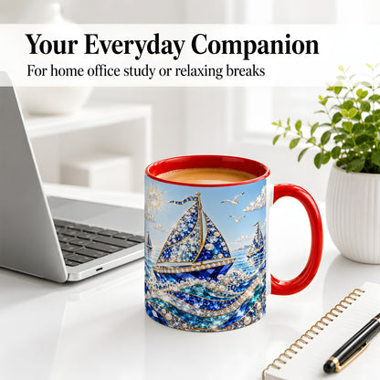 #pl[11oz|Red] Blue Sailboat Ceramic Mug, Jeweled Ocean Sailing Artwork
