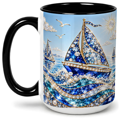 #pl[15oz|Black] Blue Sailboat Ceramic Mug, Jeweled Ocean Sailing Artwork
