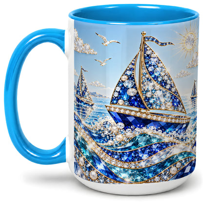 #pl[15oz|Blue] Blue Sailboat Ceramic Mug, Jeweled Ocean Sailing Artwork