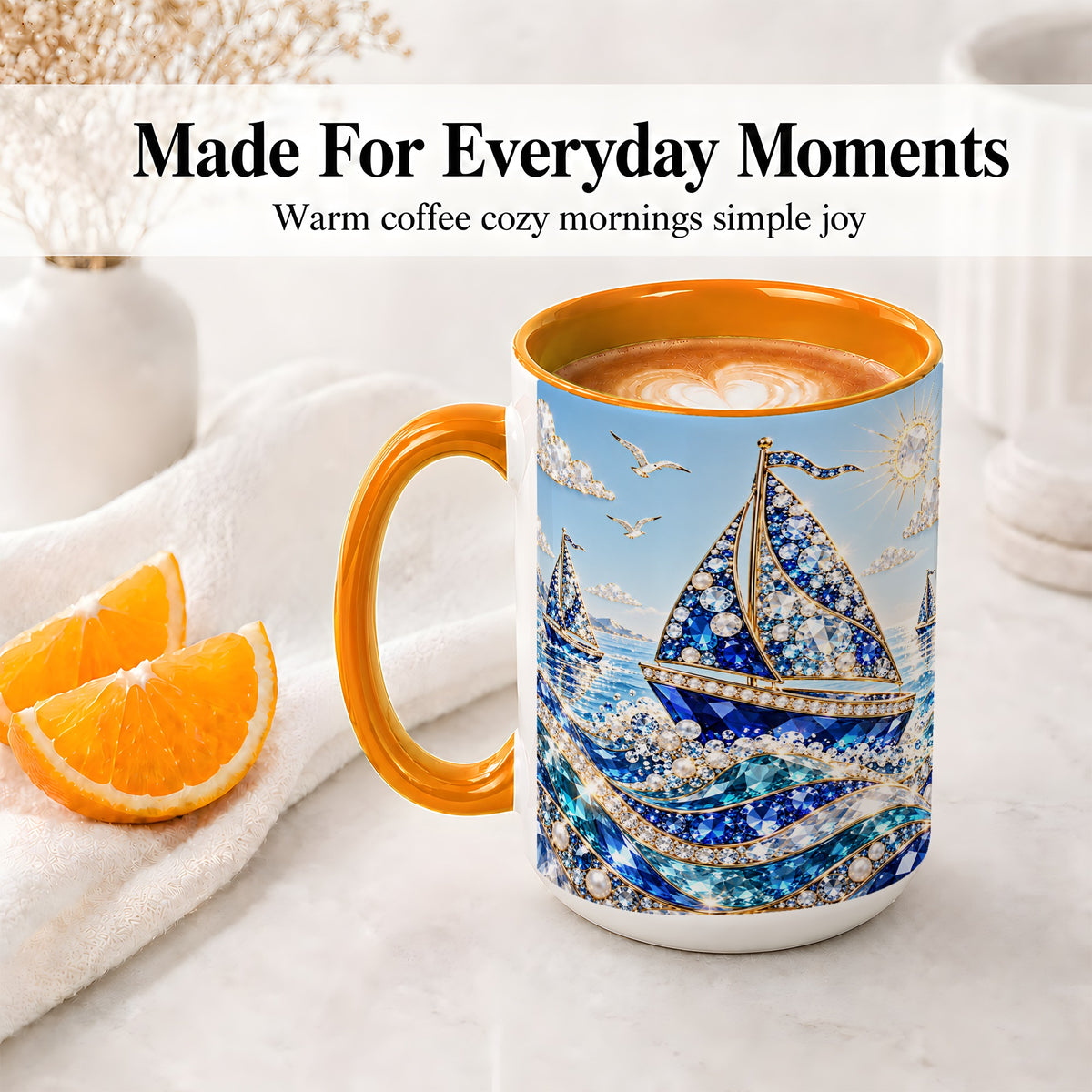 #pl[15oz|Orange] Blue Sailboat Ceramic Mug, Jeweled Ocean Sailing Artwork