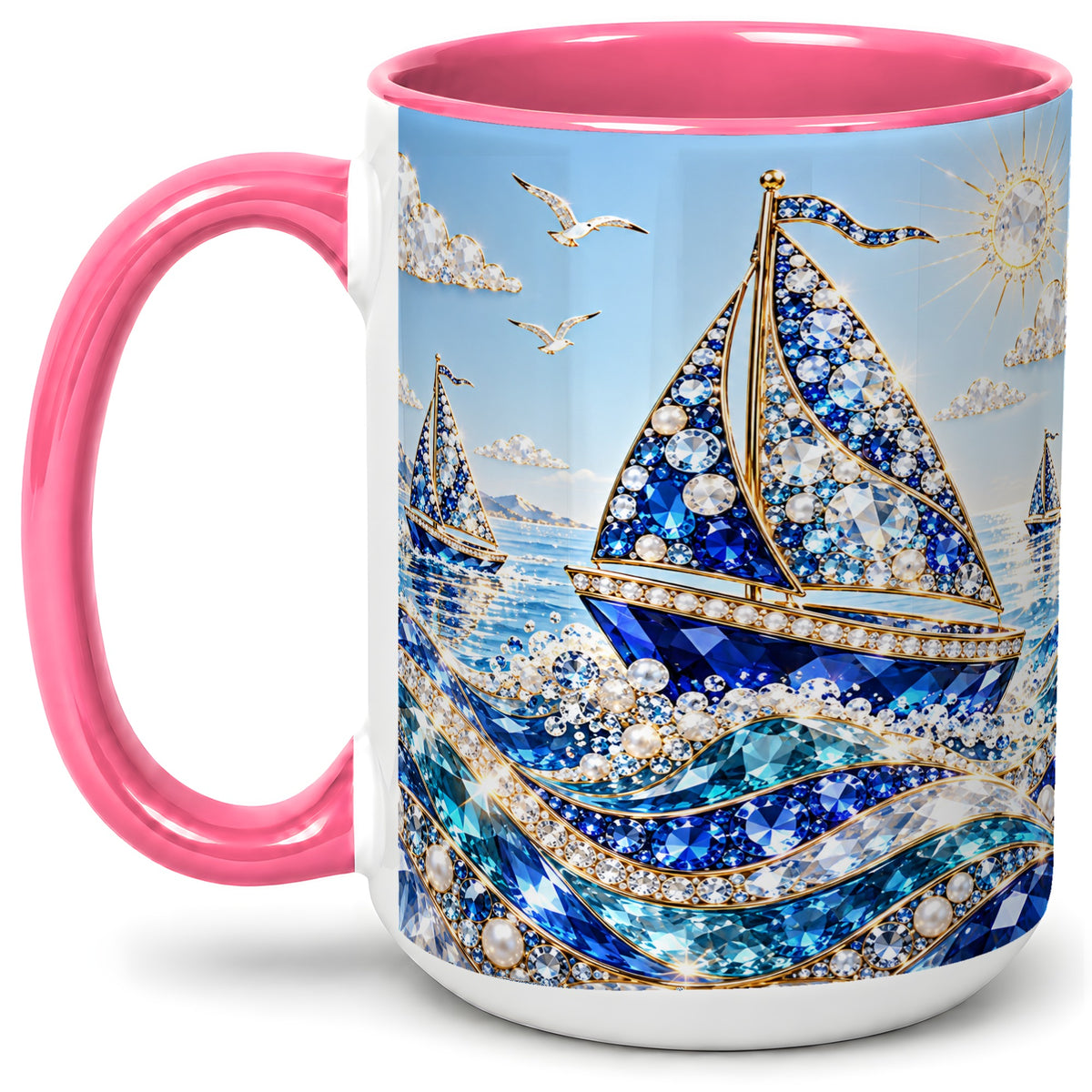 #pl[15oz|Pink] Blue Sailboat Ceramic Mug, Jeweled Ocean Sailing Artwork