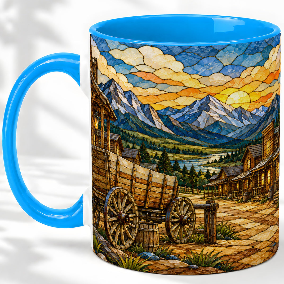 #pl[11oz|Blue] Western Wagon Ceramic Mug, Mountain Frontier Town Artwork
