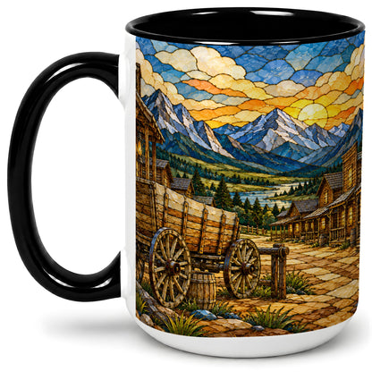 #pl[15oz|Black] Western Wagon Ceramic Mug, Mountain Frontier Town Artwork