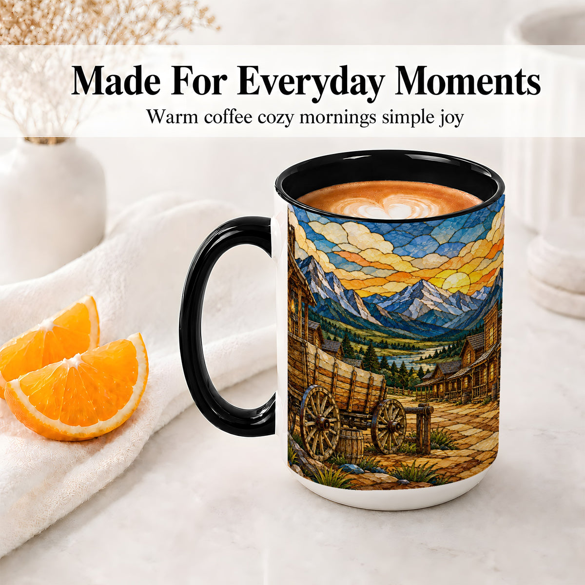 #pl[15oz|Black] Western Wagon Ceramic Mug, Mountain Frontier Town Artwork