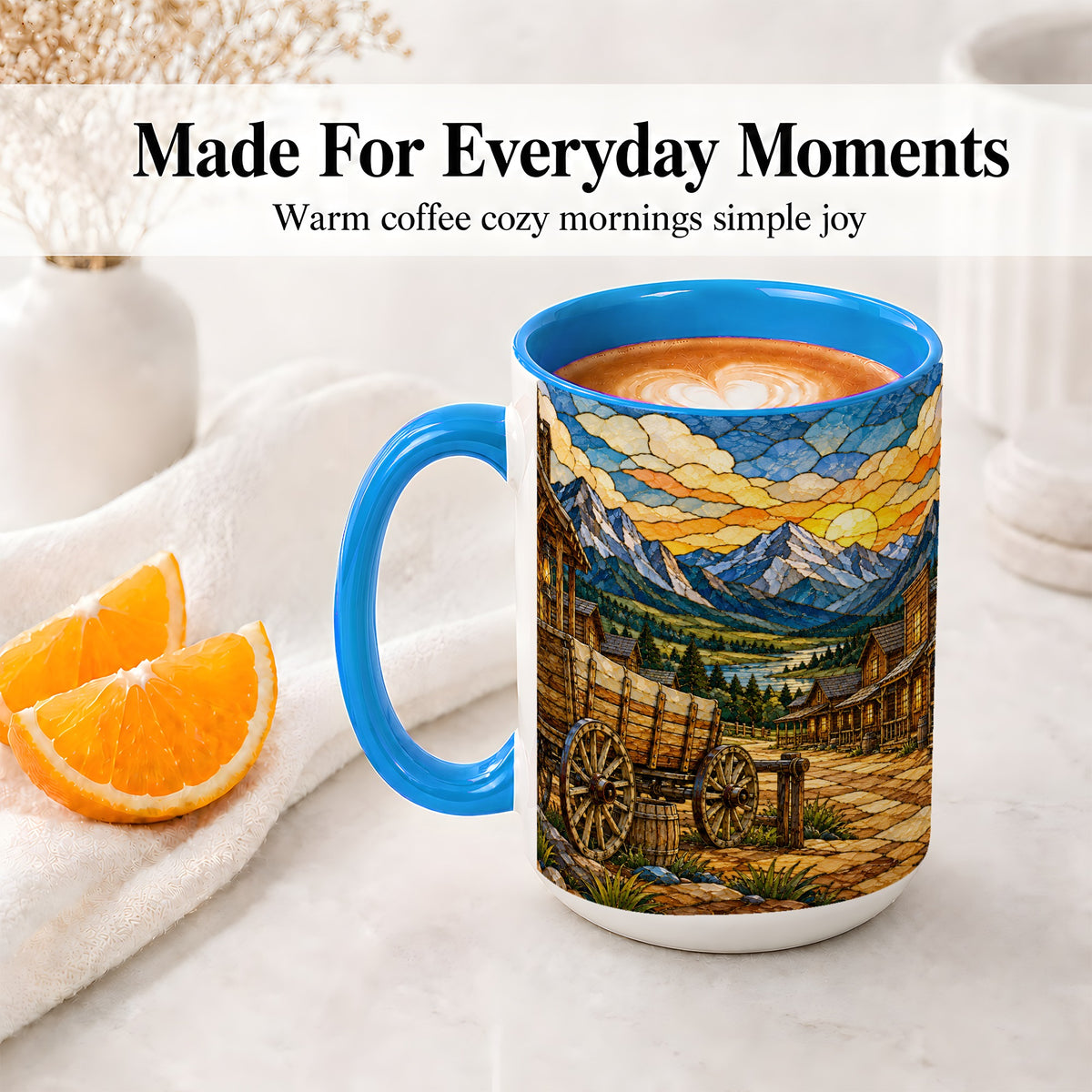 #pl[15oz|Blue] Western Wagon Ceramic Mug, Mountain Frontier Town Artwork