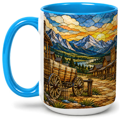 #pl[15oz|Blue] Western Wagon Ceramic Mug, Mountain Frontier Town Artwork