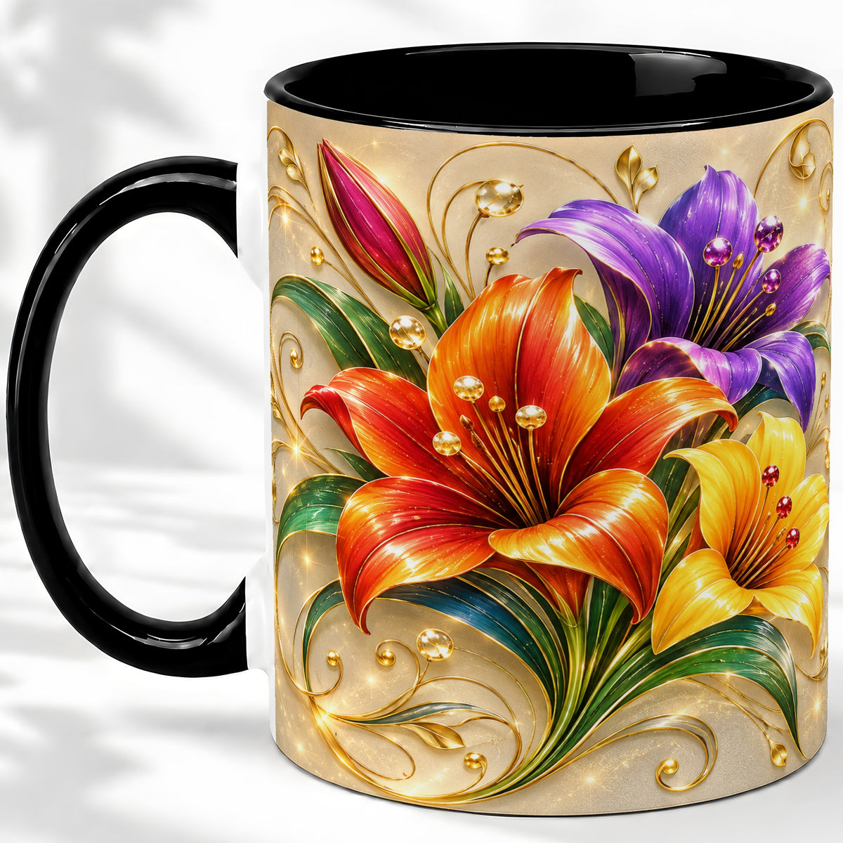 #pl[11oz|Black] Colorful Lily Ceramic Mug, Gold Floral Botanical Artwork