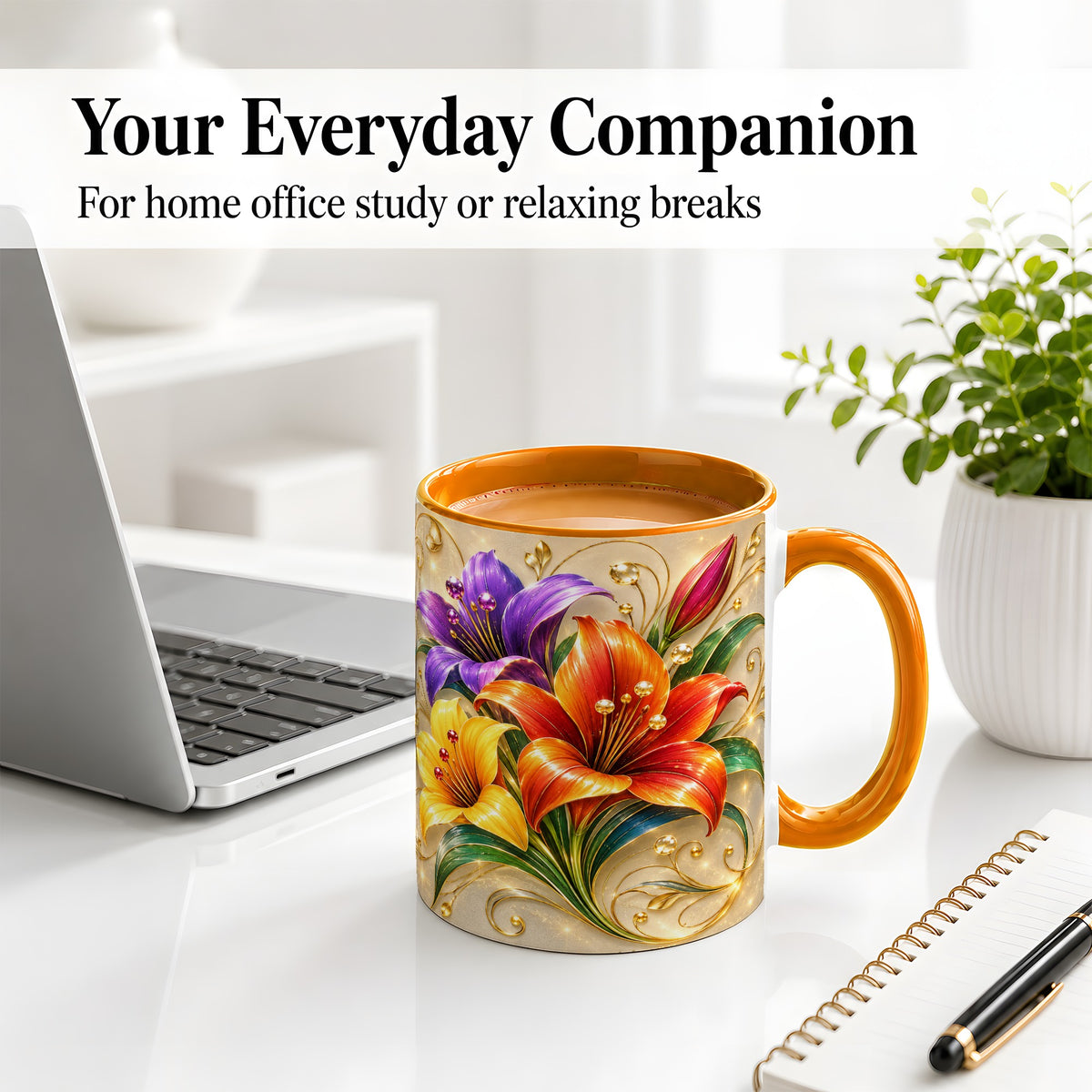 #pl[11oz|Orange] Colorful Lily Ceramic Mug, Gold Floral Botanical Artwork