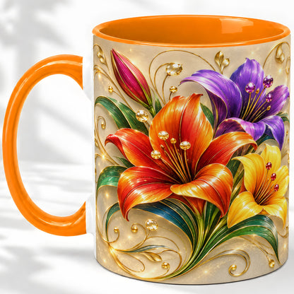 #pl[11oz|Orange] Colorful Lily Ceramic Mug, Gold Floral Botanical Artwork