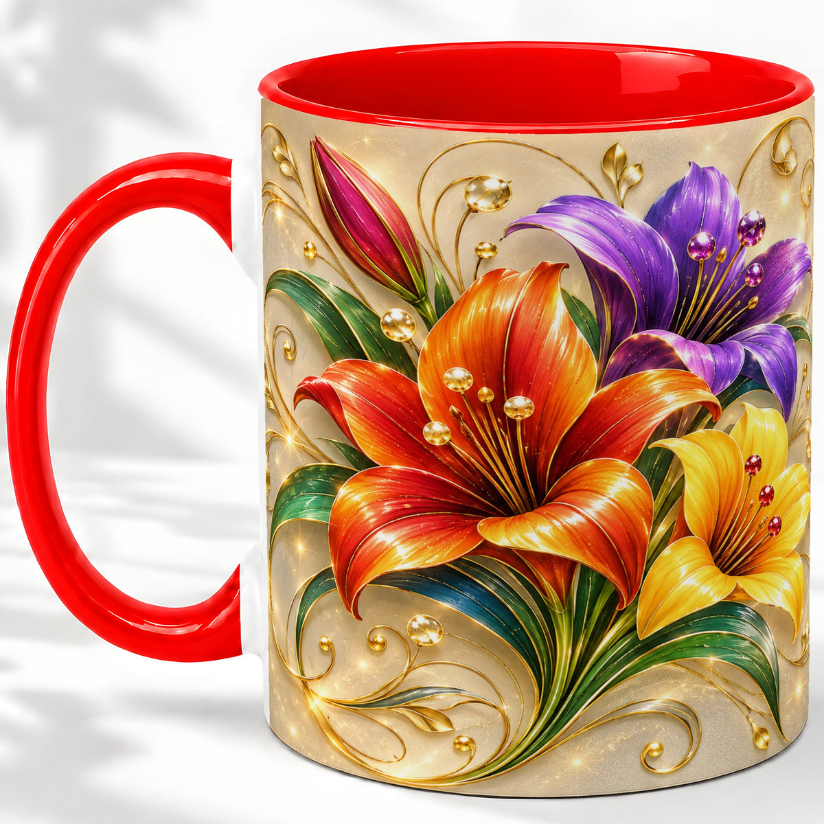 Colorful Lily Ceramic Mug, Gold Floral Botanical Artwork