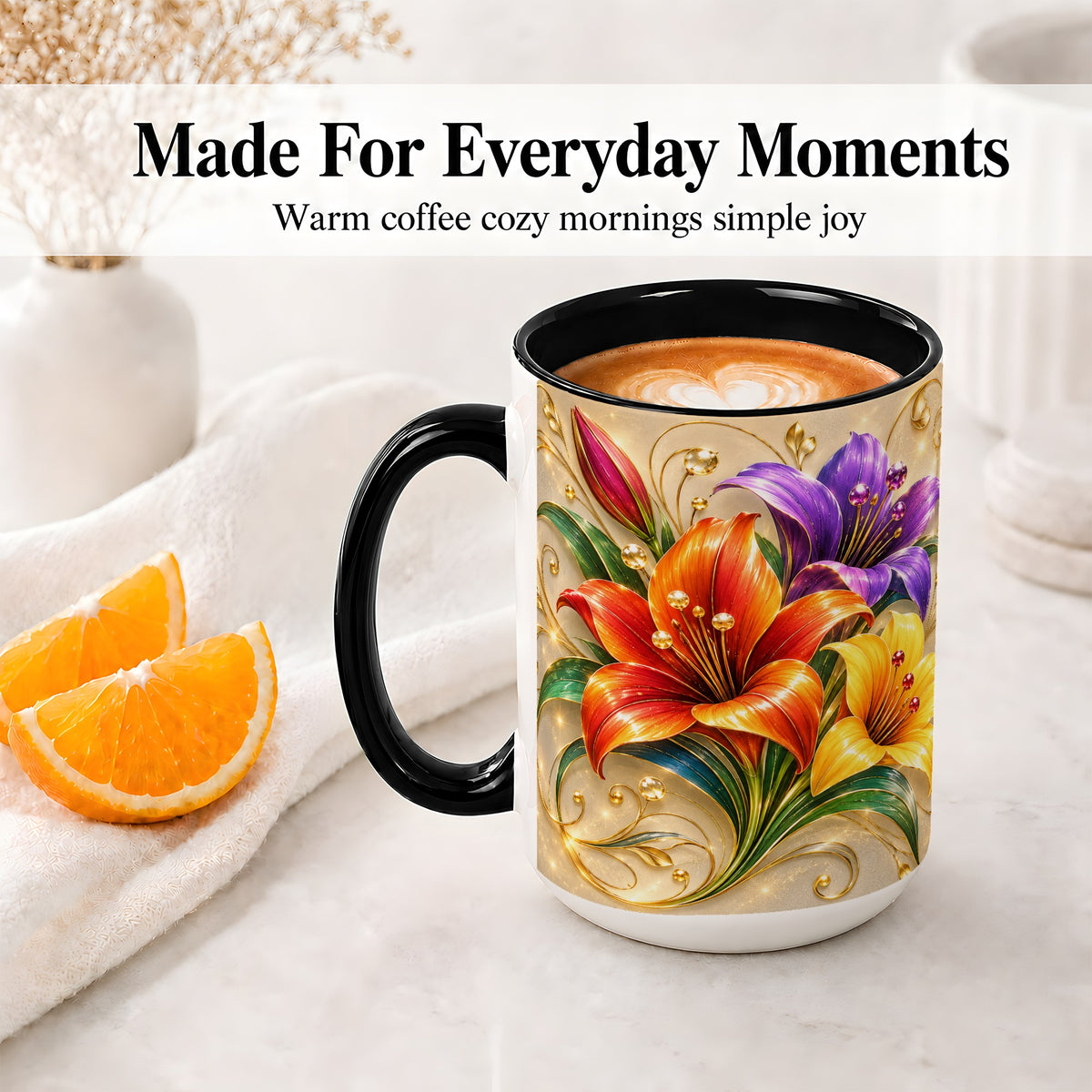 #pl[15oz|Black] Colorful Lily Ceramic Mug, Gold Floral Botanical Artwork