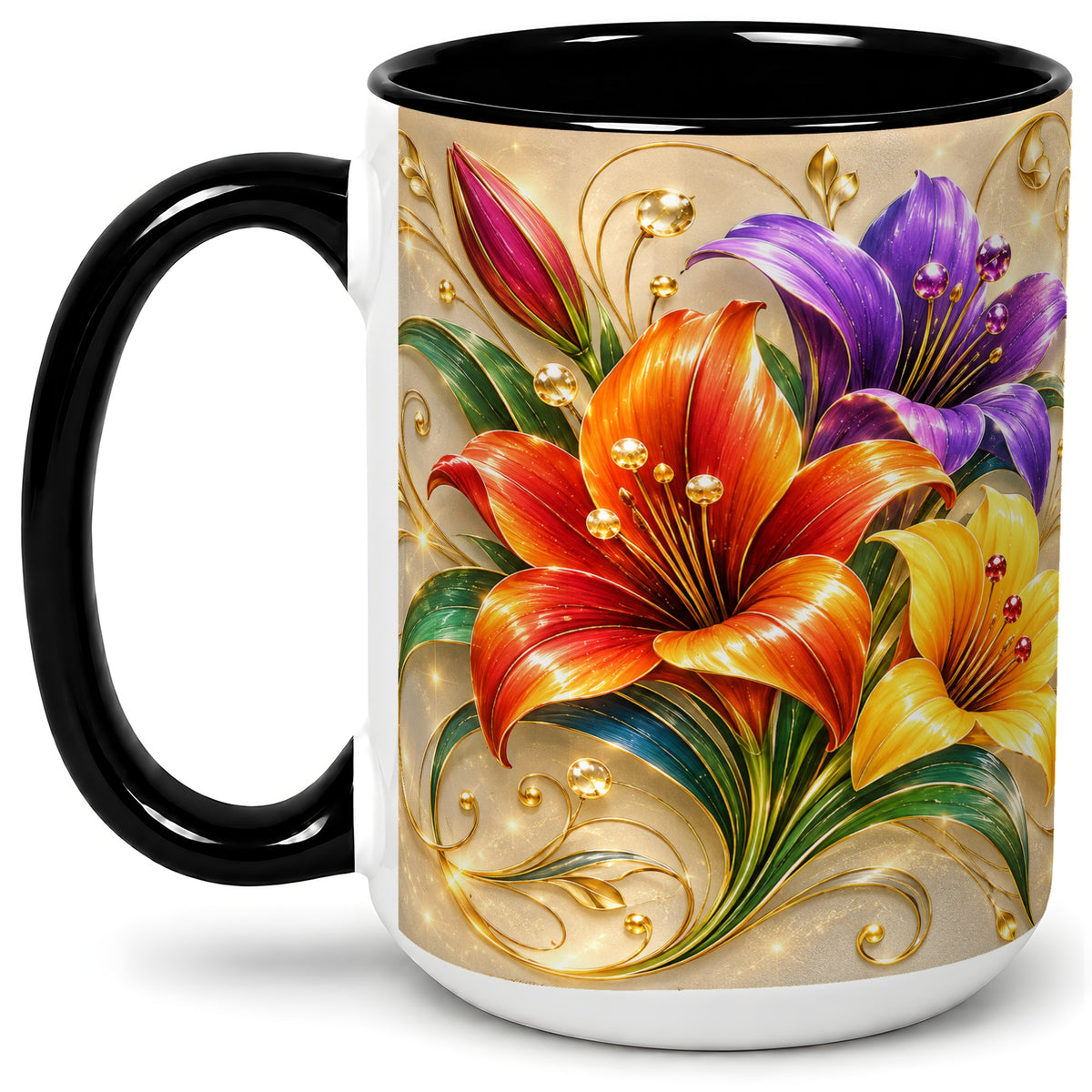 #pl[15oz|Black] Colorful Lily Ceramic Mug, Gold Floral Botanical Artwork