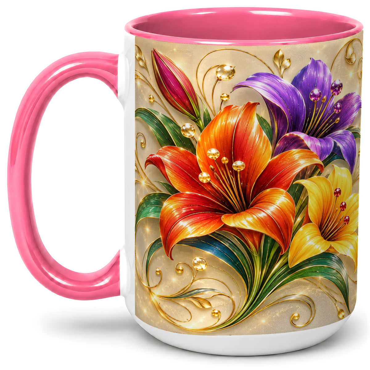 #pl[15oz|Pink] Colorful Lily Ceramic Mug, Gold Floral Botanical Artwork