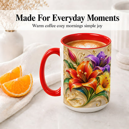 #pl[15oz|Red] Colorful Lily Ceramic Mug, Gold Floral Botanical Artwork