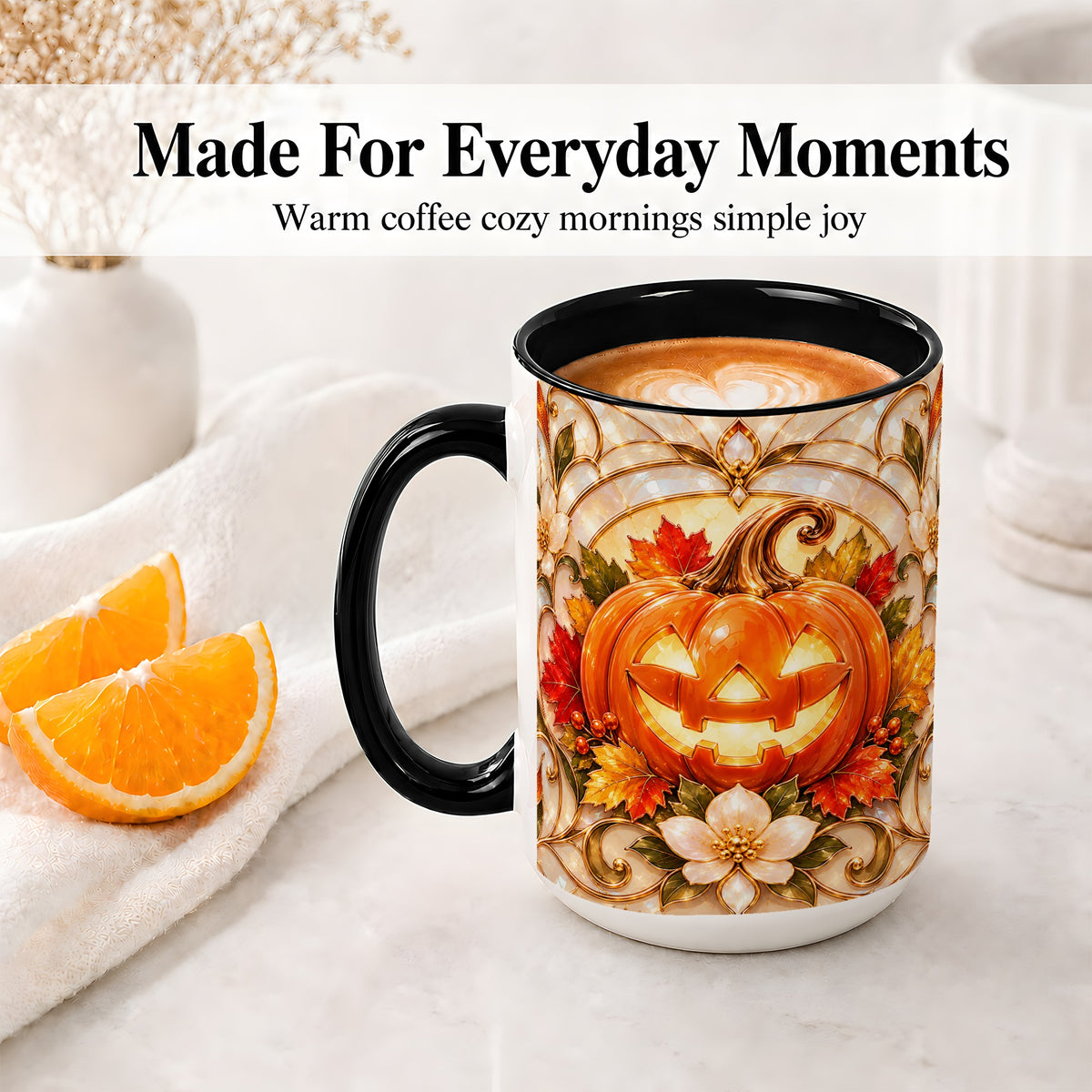 #pl[15oz|Black] Halloween Pumpkin Ceramic Mug, Autumn Jack O Lantern Artwork