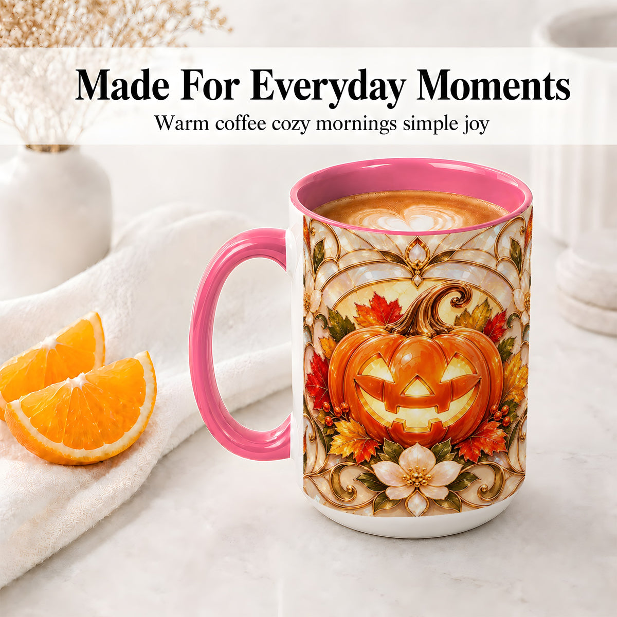 #pl[15oz|Pink] Halloween Pumpkin Ceramic Mug, Autumn Jack O Lantern Artwork