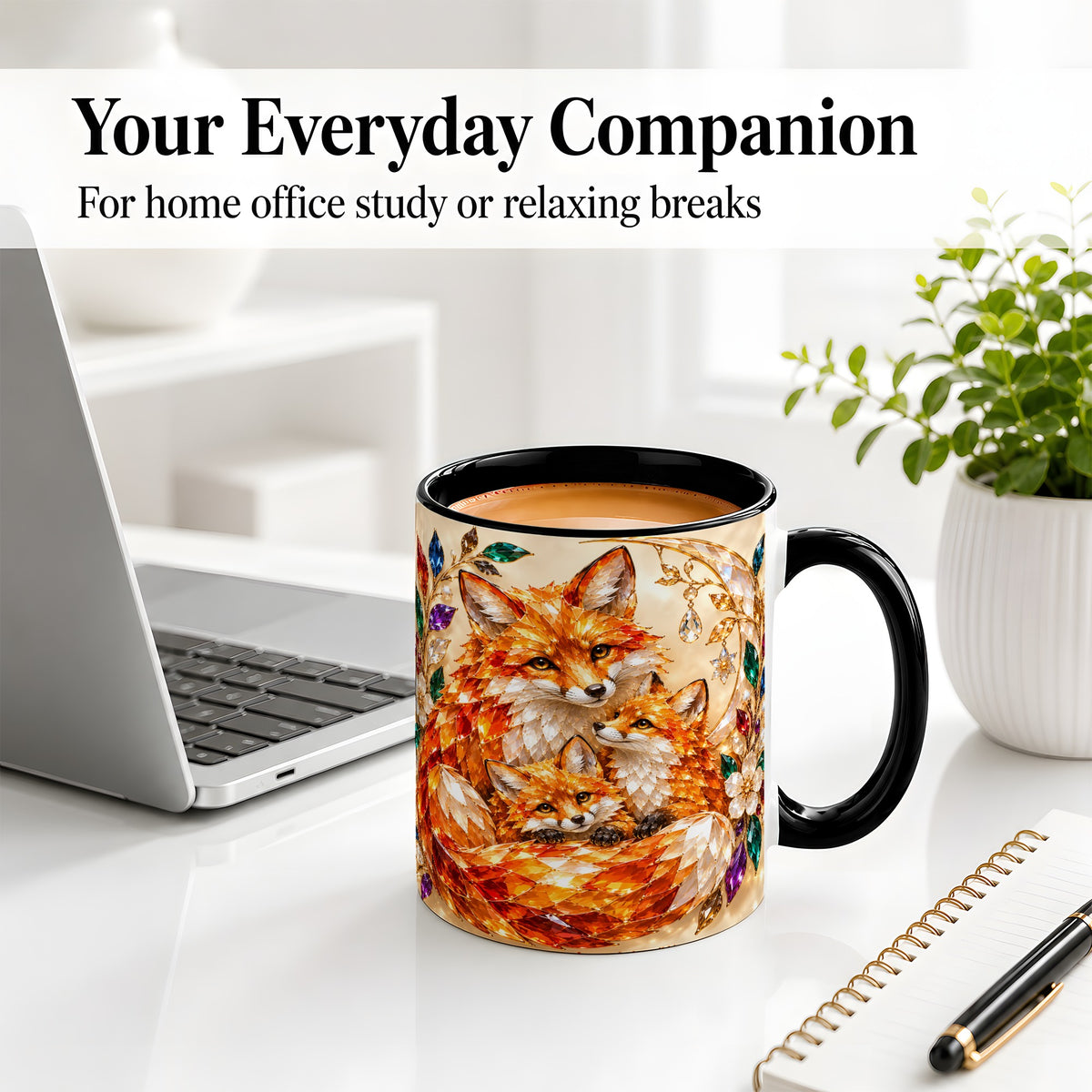 #pl[11oz|Black] Fox Family Ceramic Mug, Jeweled Woodland Animal Artwork