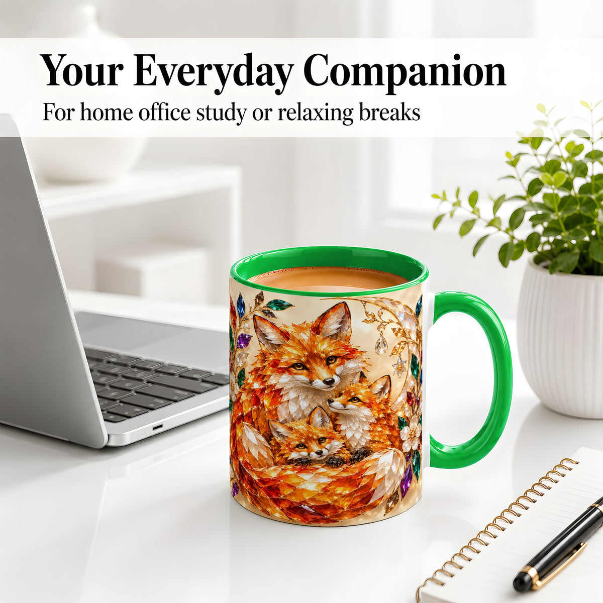 #pl[11oz|Green] Fox Family Ceramic Mug, Jeweled Woodland Animal Artwork