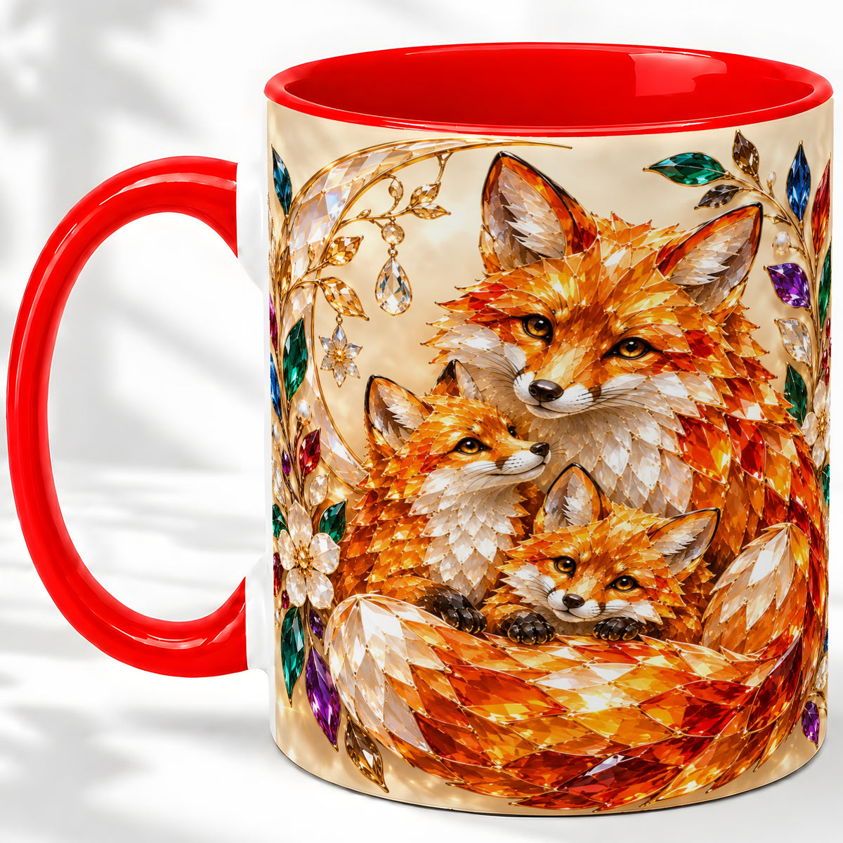 Fox Family Ceramic Mug, Jeweled Woodland Animal Artwork