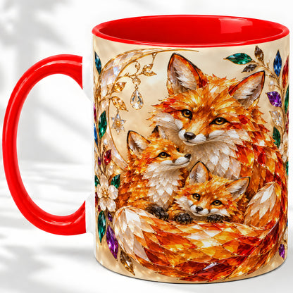 Fox Family Ceramic Mug, Jeweled Woodland Animal Artwork