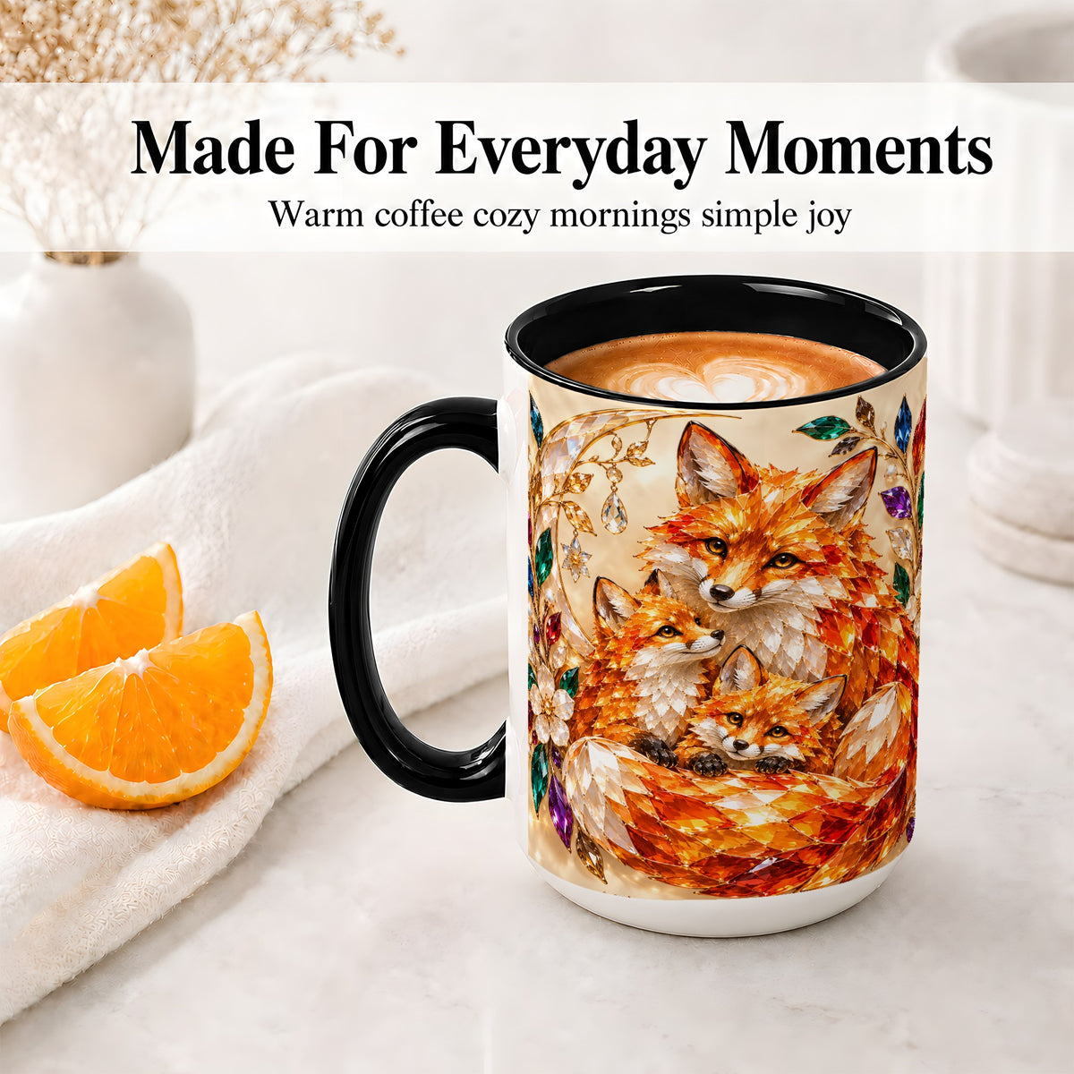 #pl[15oz|Black] Fox Family Ceramic Mug, Jeweled Woodland Animal Artwork