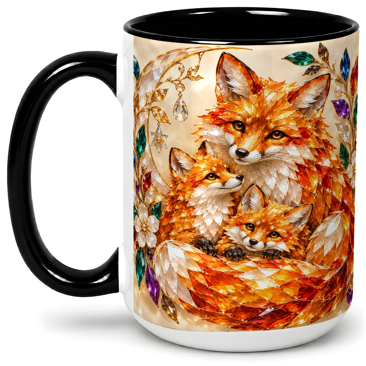 #pl[15oz|Black] Fox Family Ceramic Mug, Jeweled Woodland Animal Artwork