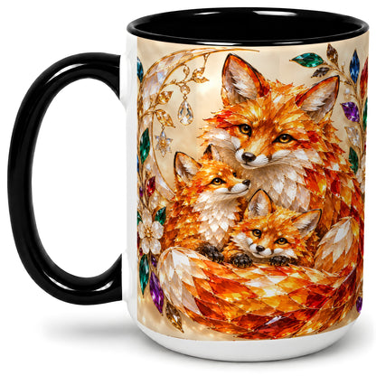 #pl[15oz|Black] Fox Family Ceramic Mug, Jeweled Woodland Animal Artwork