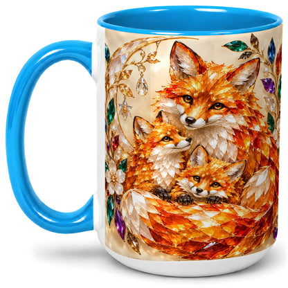 #pl[15oz|Blue] Fox Family Ceramic Mug, Jeweled Woodland Animal Artwork