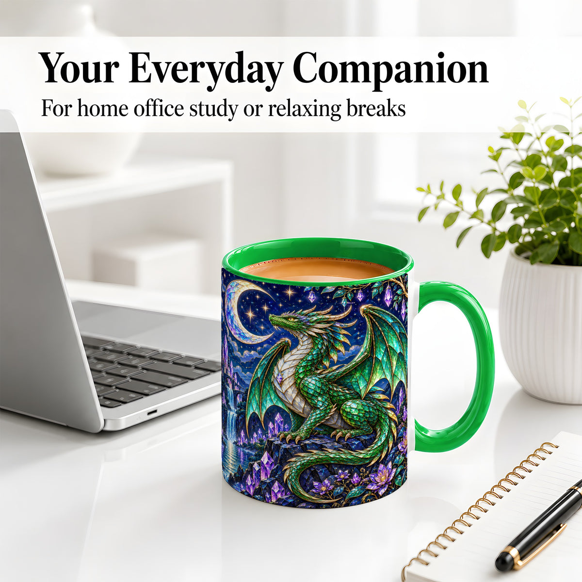 #pl[11oz|Green] Fantasy Dragon Ceramic Mug, Emerald Moon Crystal Artwork
