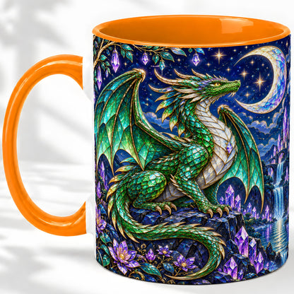 #pl[11oz|Orange] Fantasy Dragon Ceramic Mug, Emerald Moon Crystal Artwork