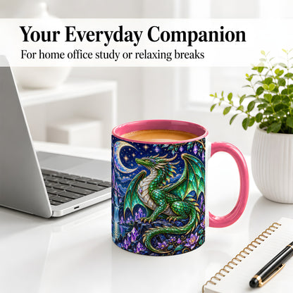 #pl[11oz|Pink] Fantasy Dragon Ceramic Mug, Emerald Moon Crystal Artwork