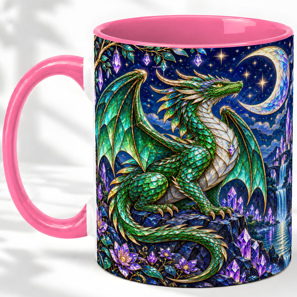 #pl[11oz|Pink] Fantasy Dragon Ceramic Mug, Emerald Moon Crystal Artwork