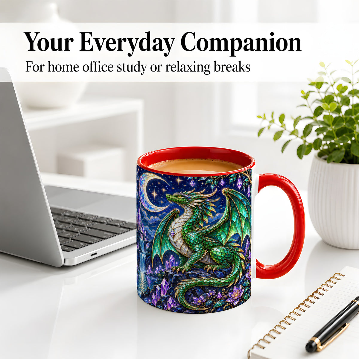 #pl[11oz|Red] Fantasy Dragon Ceramic Mug, Emerald Moon Crystal Artwork