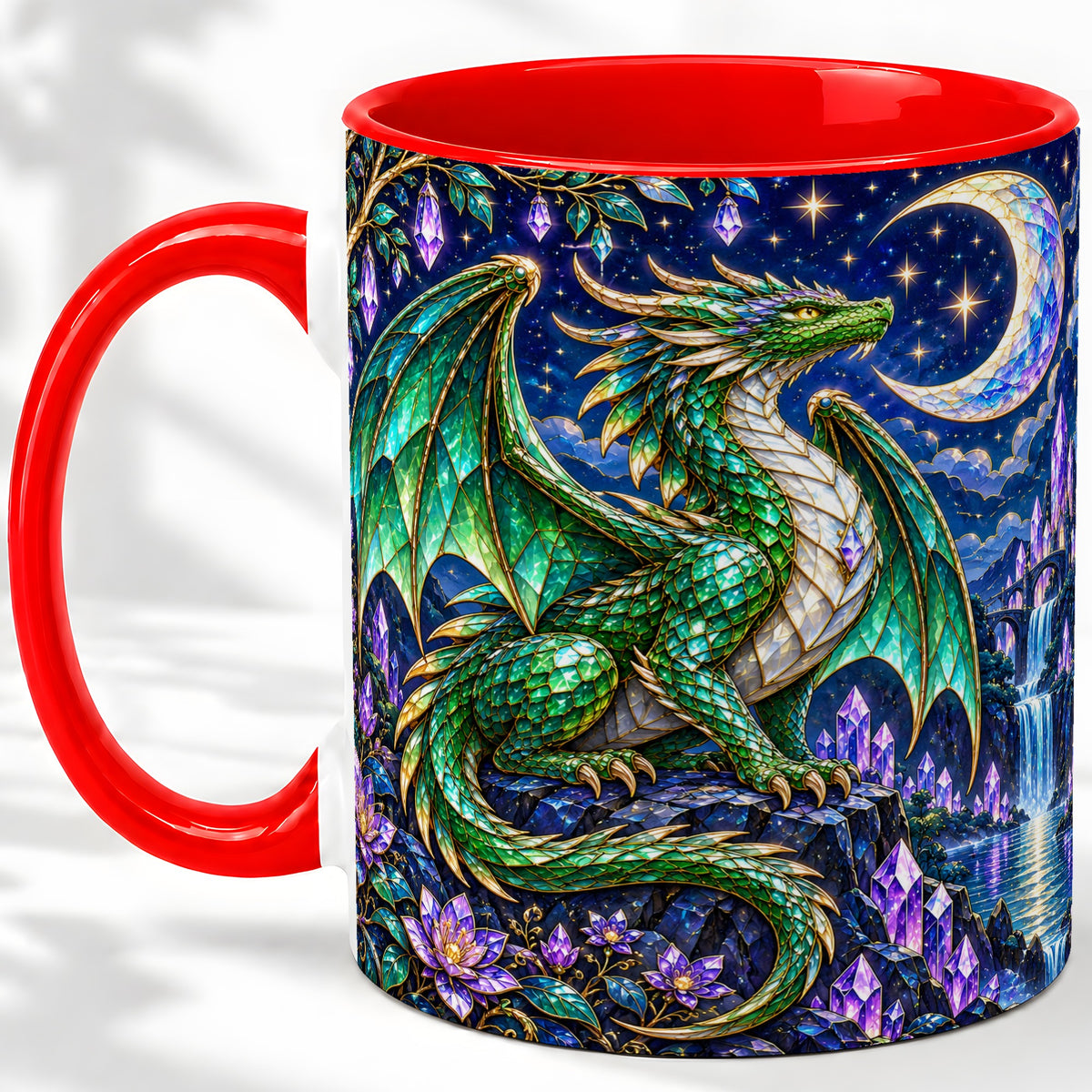 Fantasy Dragon Ceramic Mug, Emerald Moon Crystal Artwork