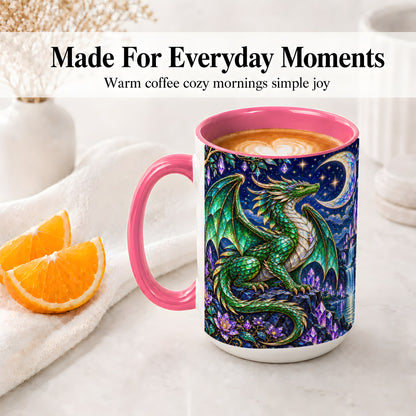#pl[15oz|Pink] Fantasy Dragon Ceramic Mug, Emerald Moon Crystal Artwork