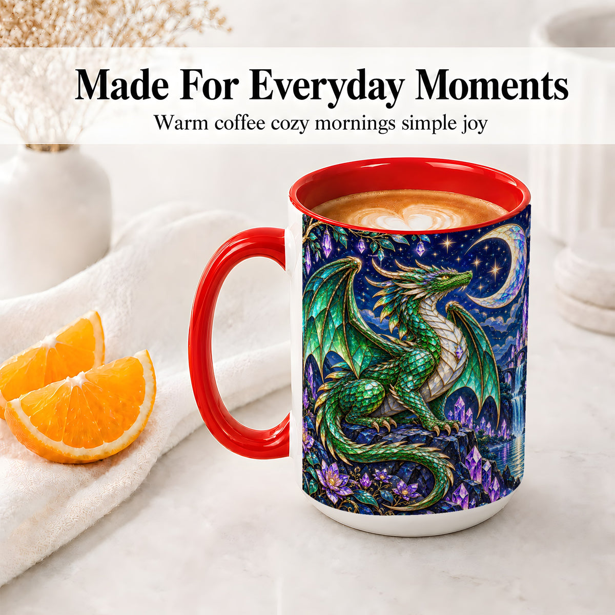 #pl[15oz|Red] Fantasy Dragon Ceramic Mug, Emerald Moon Crystal Artwork