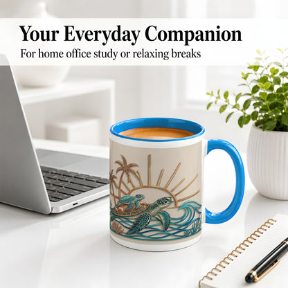 #pl[11oz|Blue] Sea Turtle Coastal Ceramic Mug, Mug with Tropical Ocean Artwork