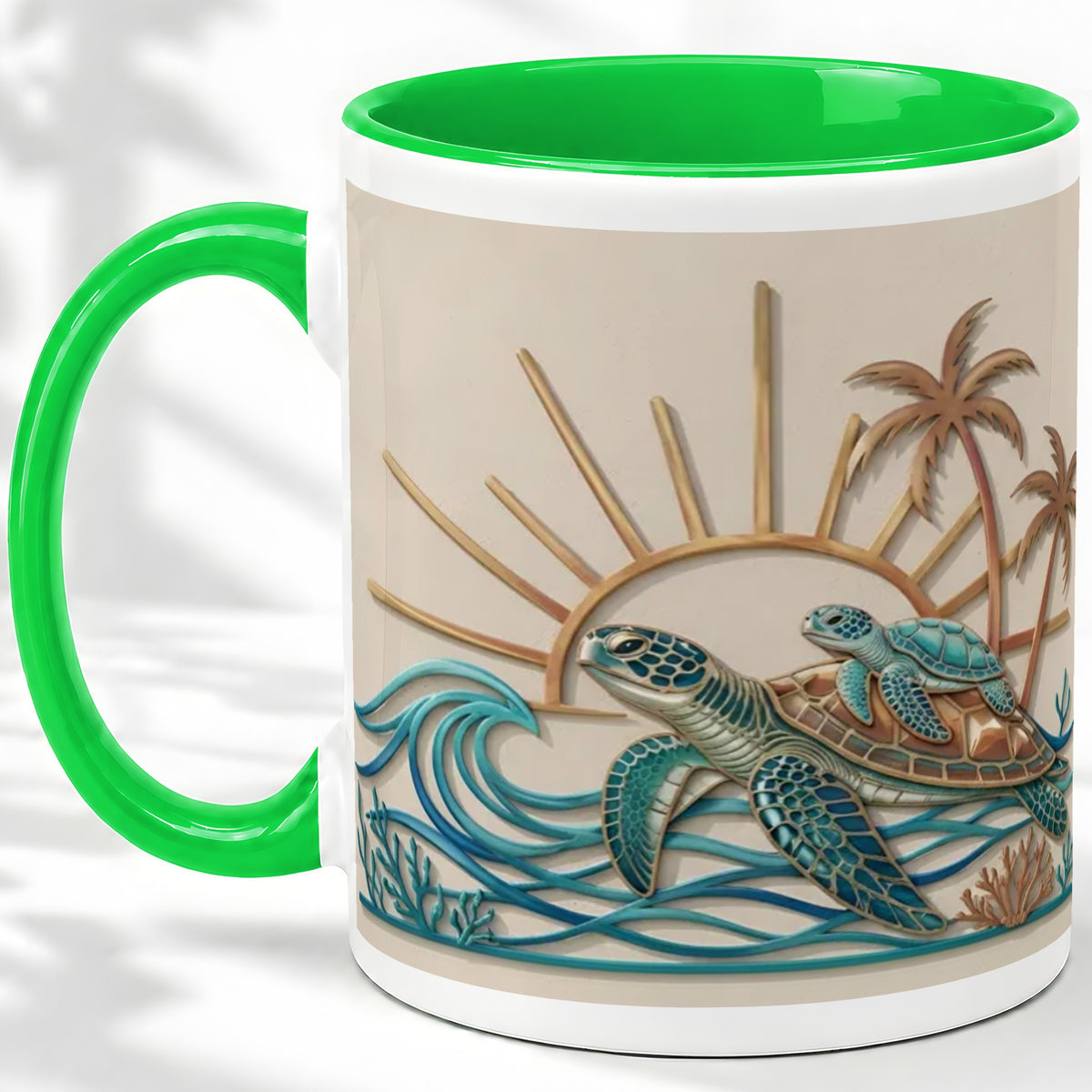 #pl[11oz|Green] Sea Turtle Coastal Ceramic Mug, Mug with Tropical Ocean Artwork