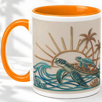 #pl[11oz|Orange] Sea Turtle Coastal Ceramic Mug, Mug with Tropical Ocean Artwork