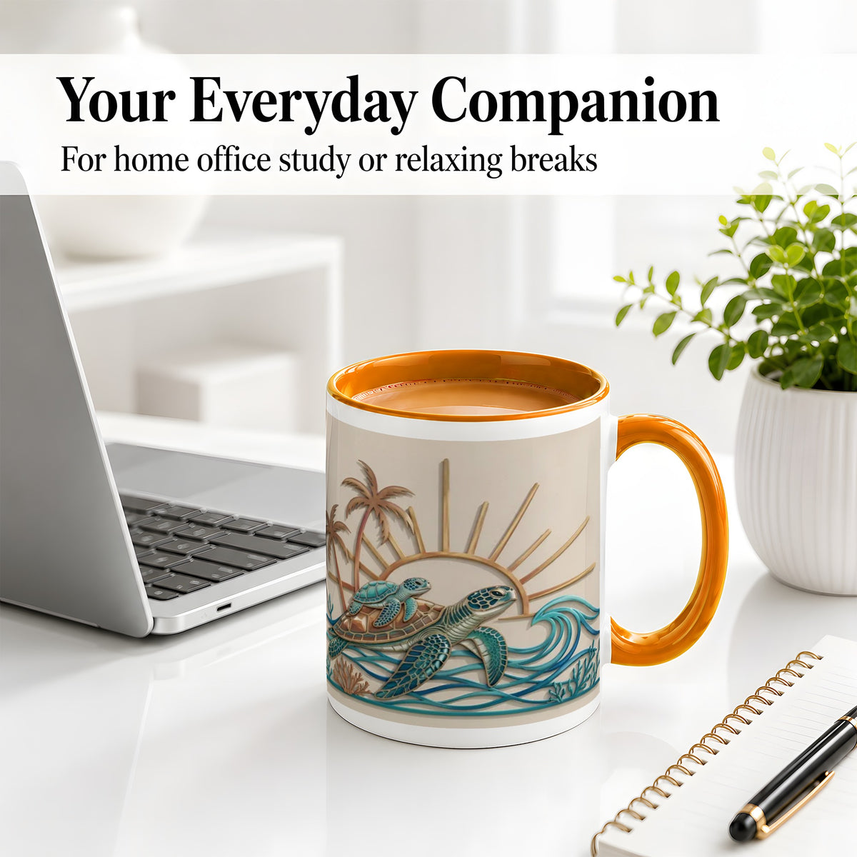 #pl[11oz|Orange] Sea Turtle Coastal Ceramic Mug, Mug with Tropical Ocean Artwork