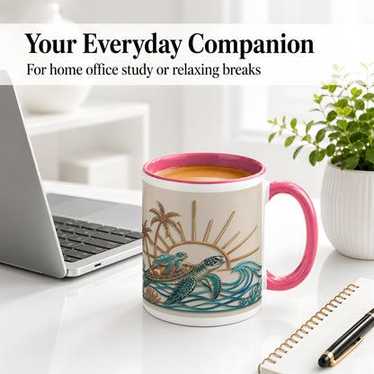#pl[11oz|Pink] Sea Turtle Coastal Ceramic Mug, Mug with Tropical Ocean Artwork