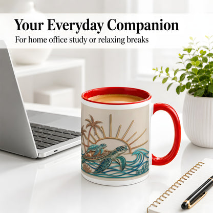 #pl[11oz|Red] Sea Turtle Coastal Ceramic Mug, Mug with Tropical Ocean Artwork